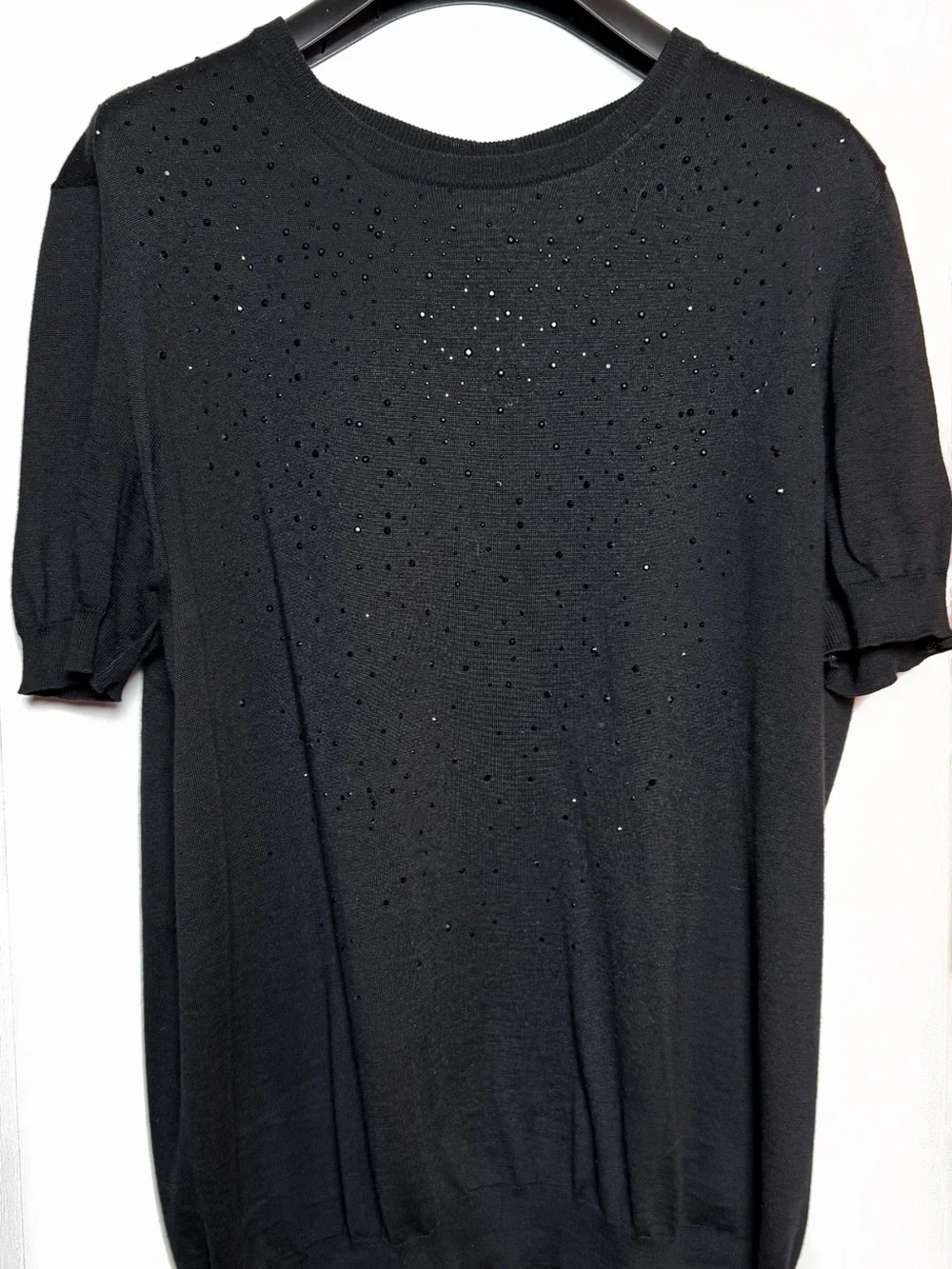 Giorgio Armani Black Short-Sleeve Knit Top with Scattered Rhinestones